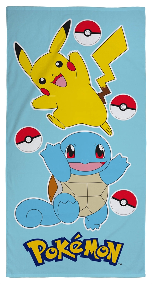 Pokémon håndklæde - 70x140 cm - Børnehåndklæde med Pikachu og Squirtle - Badehåndklæde 100% Bomuld