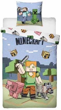 Minecraft sengetøj 100% blødt bomuld - 140x200 cm - Alex vendbart sengesæt 2 motiver  - Dynebetræk med Minecraft 