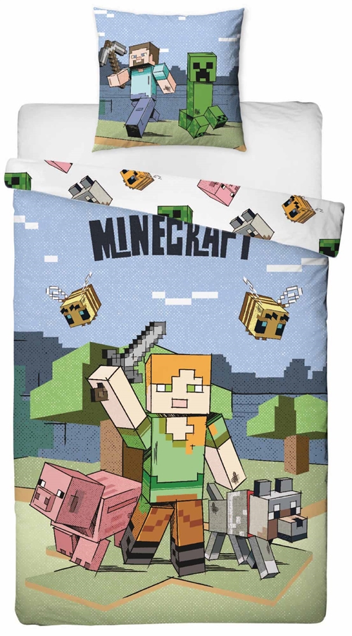 Minecraft sengetøj 100% blødt bomuld - 140x200 cm - Alex vendbart sengesæt 2 motiver - Dynebetræk med Minecraft